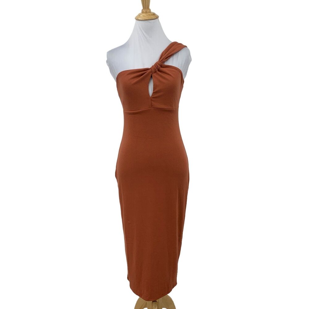 Lush One Shoulder Bodycon Dress Womens S Small Spice Twist Knot Midi Cutout